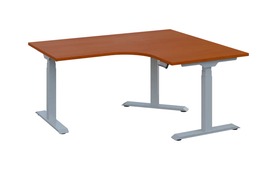 FLEXIERGO 90 160-140 výškově nastavitelný stůl, rohový, pravý, kovová podnož stříbrná, deska 25 mm, široký 1600 mm, třešeň šumavská